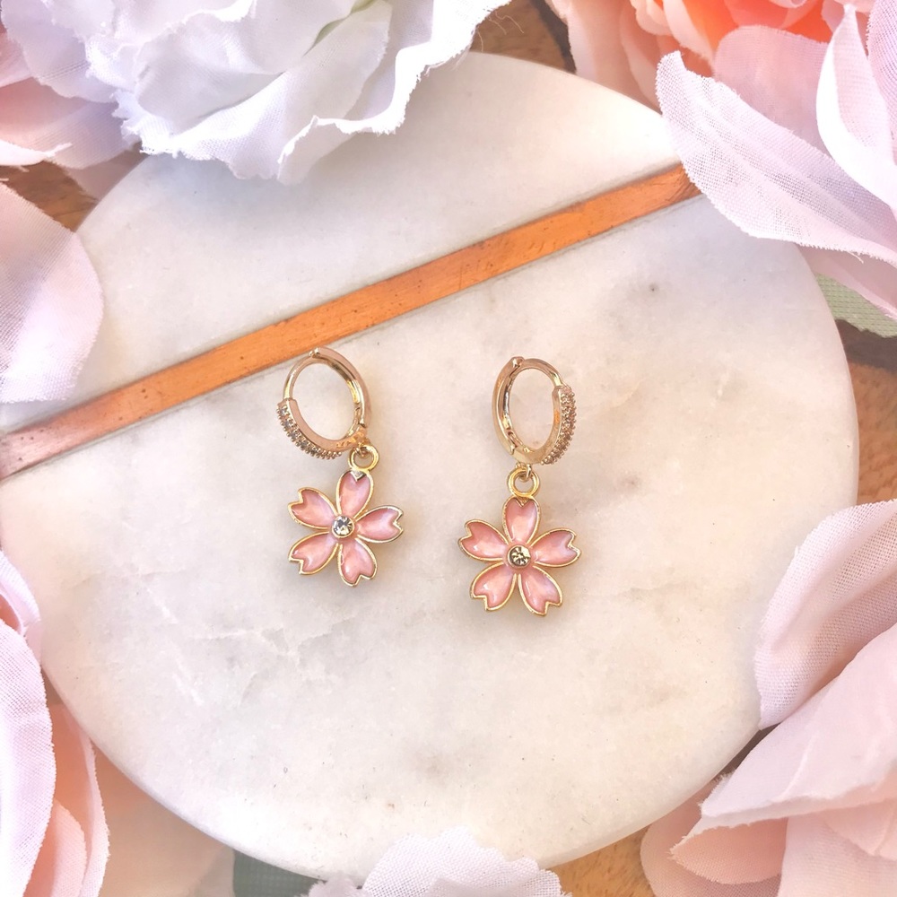 Pink Flower and Gold Rhinestone Huggy Hoop Dangly Earrings NWT